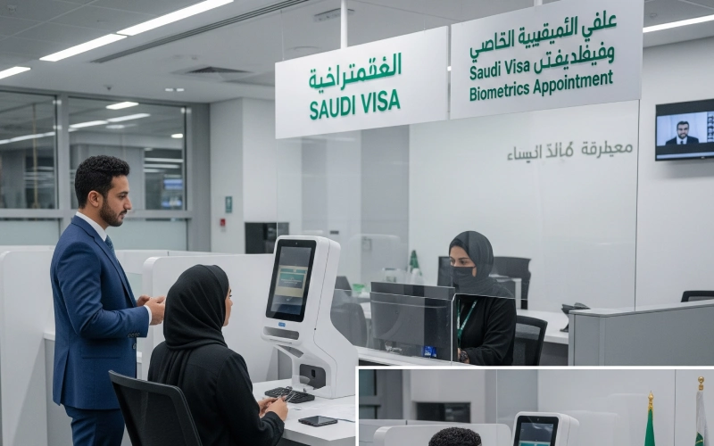 Saudi visa biometrics appointment center with applicants and staff.