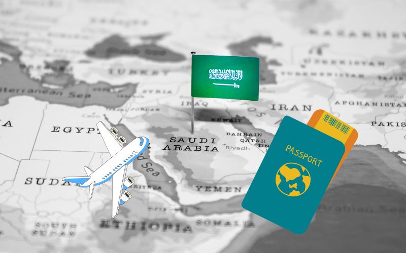Saudi Arabia map & flag with airplane model & passport