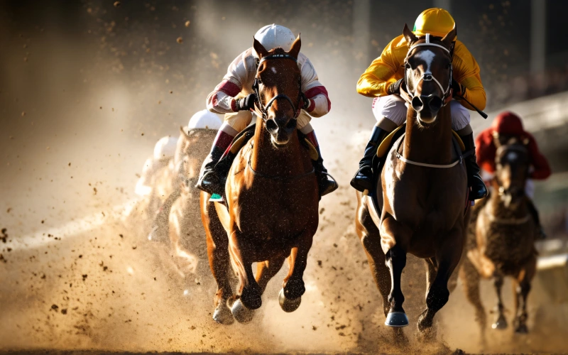 Horse race with jockeys on a dirt track