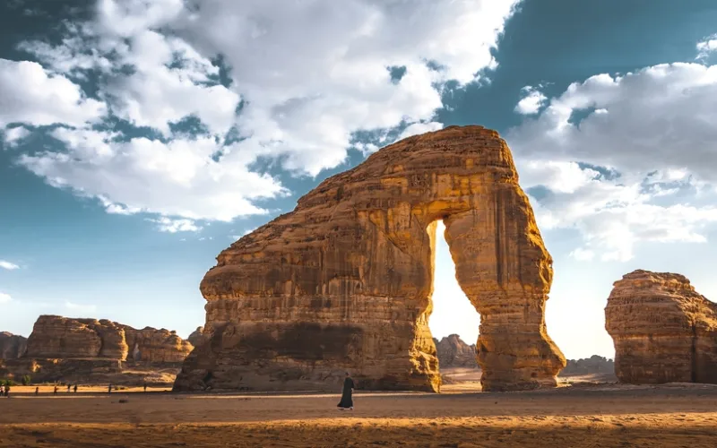 Elephant Rock in AlUla, Saudi Arabia, with dramatic sky and desert landscape