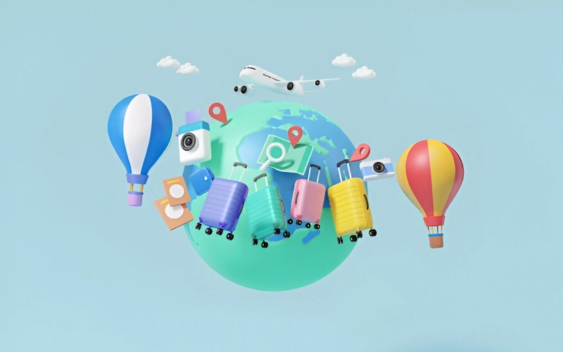 Global travel concept with suitcases, airplane, hot air balloons, and cameras around Earth