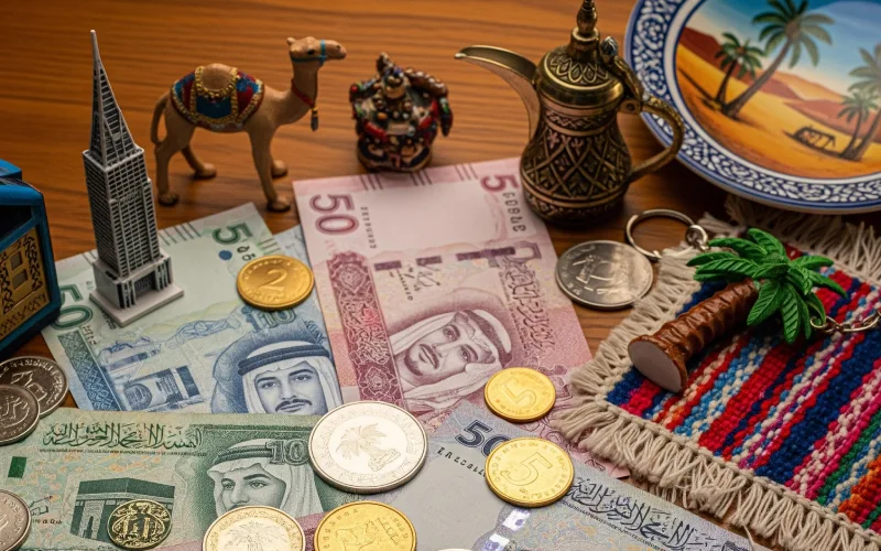 A collection of Saudi currency and tourist items