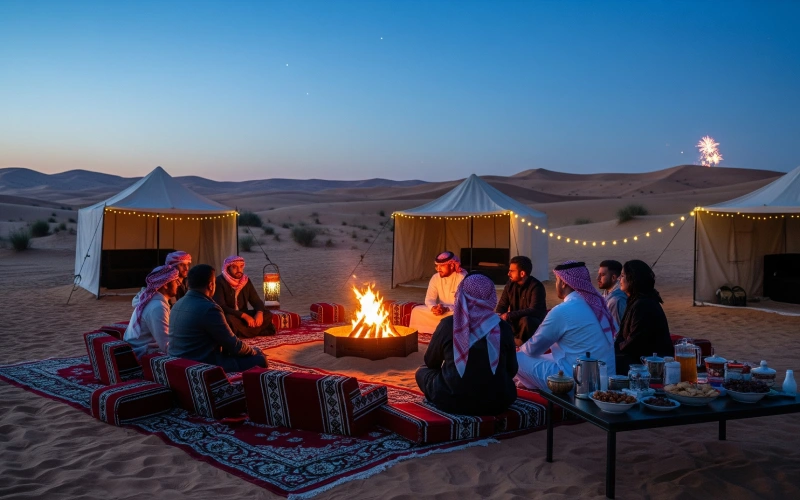 Desert camping in Saudi Arabia with campfire and tents