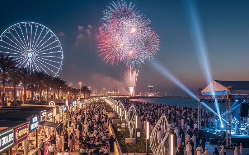 Fireworks and crowd at Jeddah waterfront