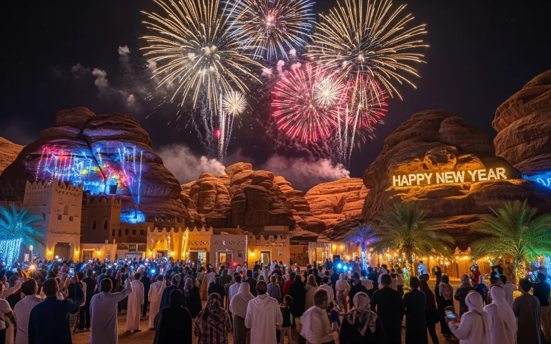 New Year's fireworks over AlUla with a festive crowd