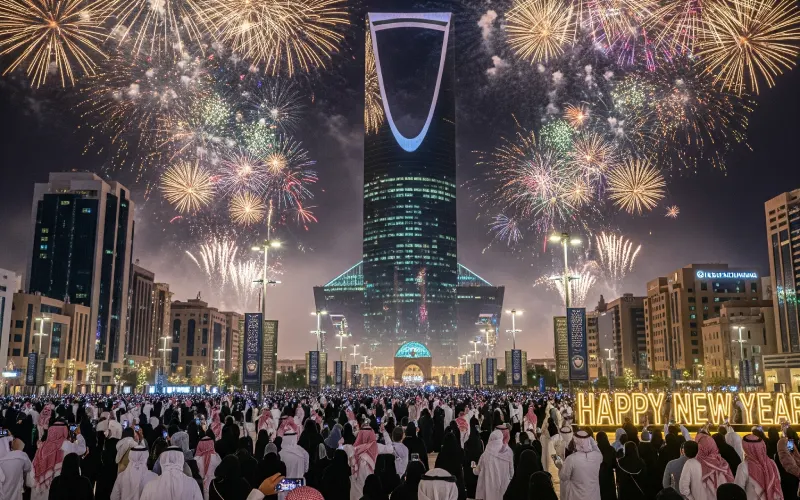 New Year's celebration in Riyadh with fireworks over Kingdom Centre and a large crowd