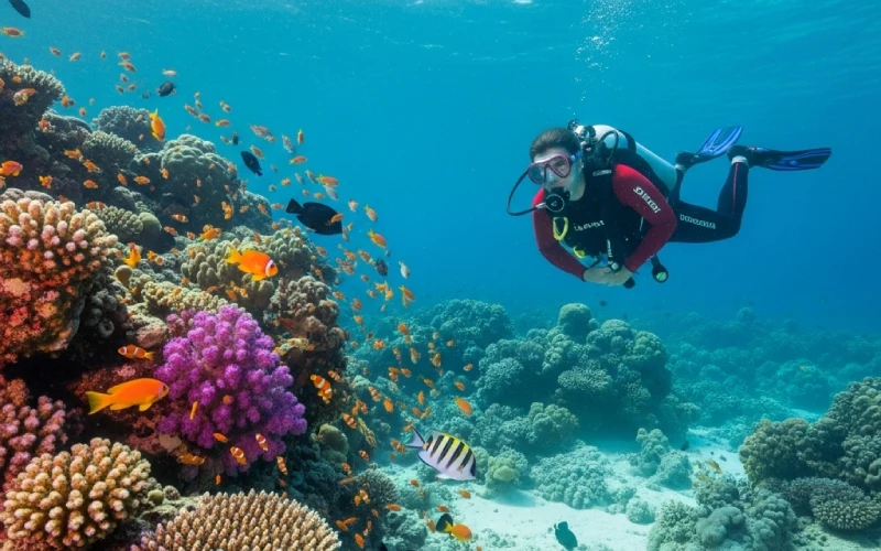 Scuba diver exploring coral reef in the Red Sea