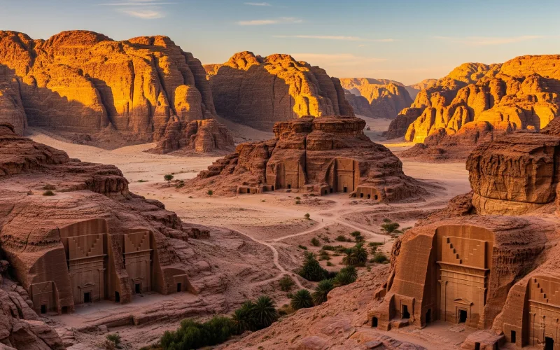 Ancient rock-cut tombs in AlUla, Saudi Arabia