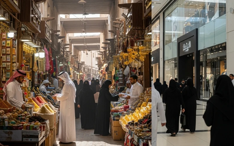 Traditional souk and modern shopping mall in Saudi Arabia