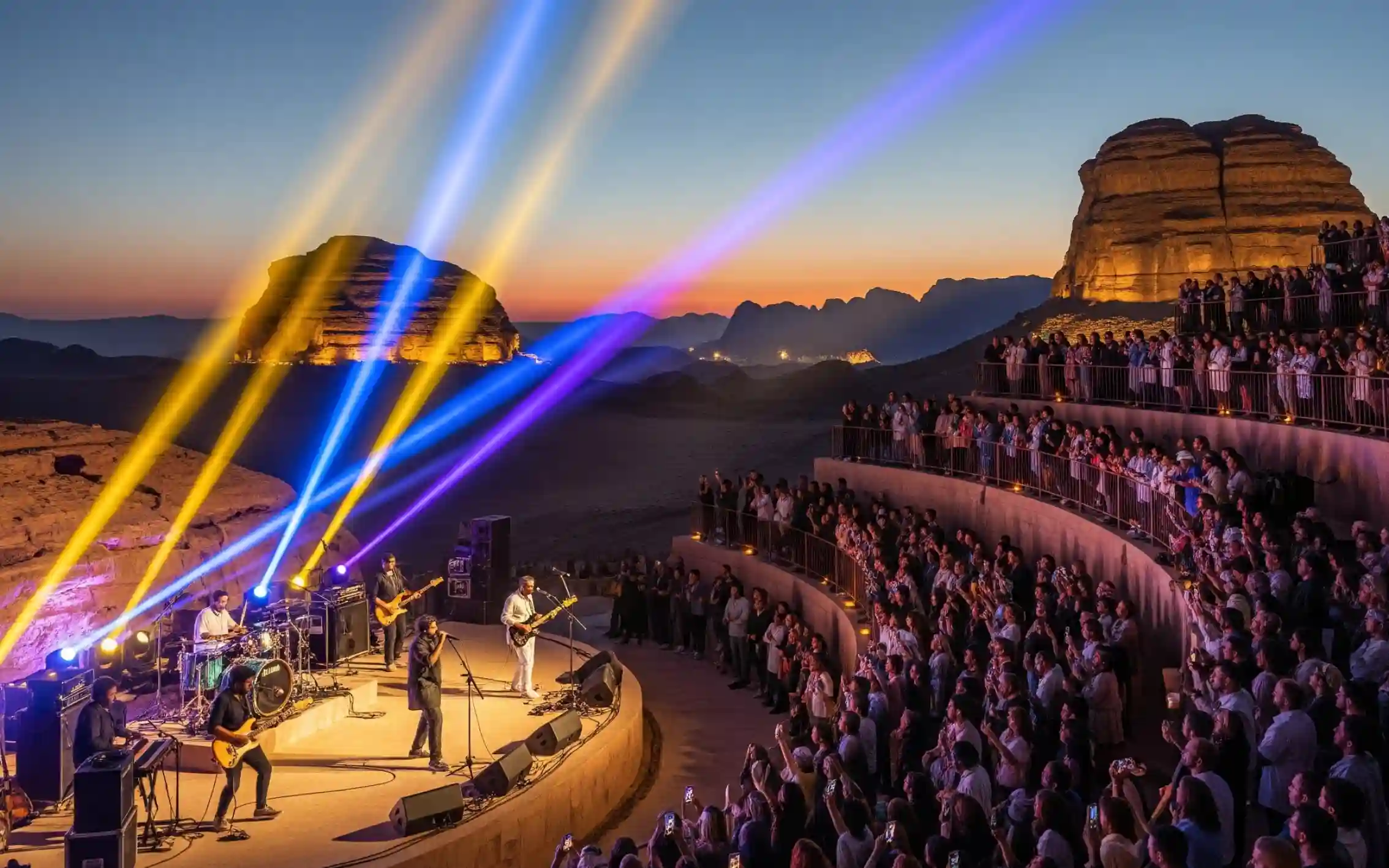 Live concert at AlUla’s Shorfat Tantora with colorful lights and crowd