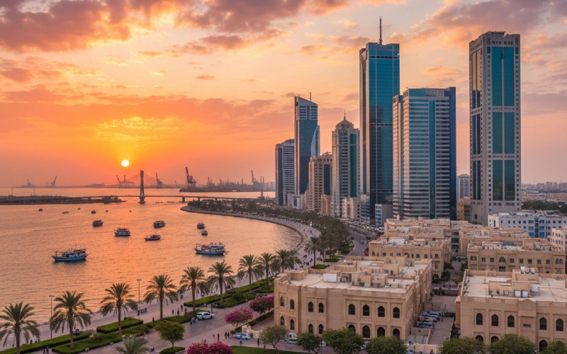 Dammam waterfront skyline at sunset