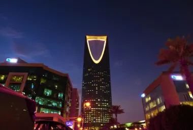 View of Illuminated Kingdom Centre, Riyadh, Saudi Arabia