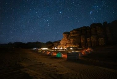 Starry Night Sky Over Desert Campsite in Tabuk